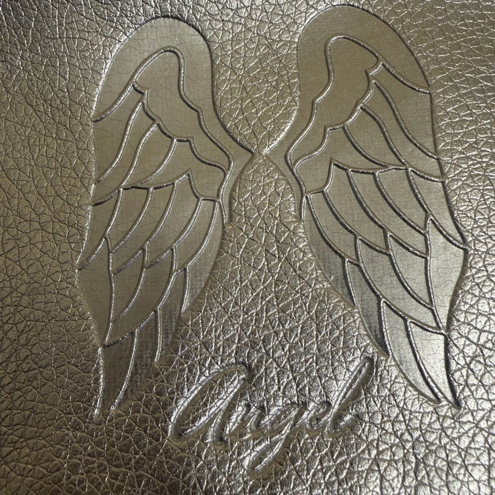 Victoria’s Secret Silver Angel Wing Embossed Fold Over Leather Clutch w/Ang Zpr
